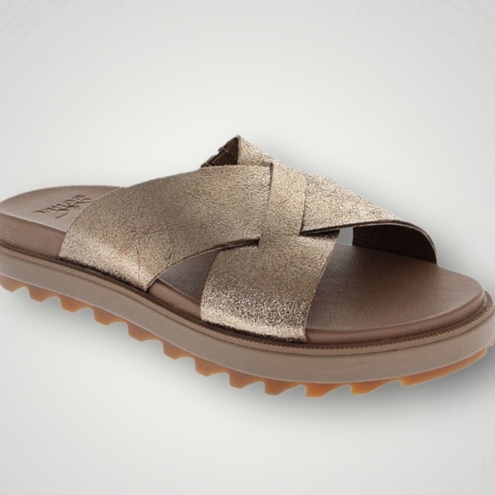 Sorel Roaming Criss Cross Slide Sandal Leather Ash Brown 7.5